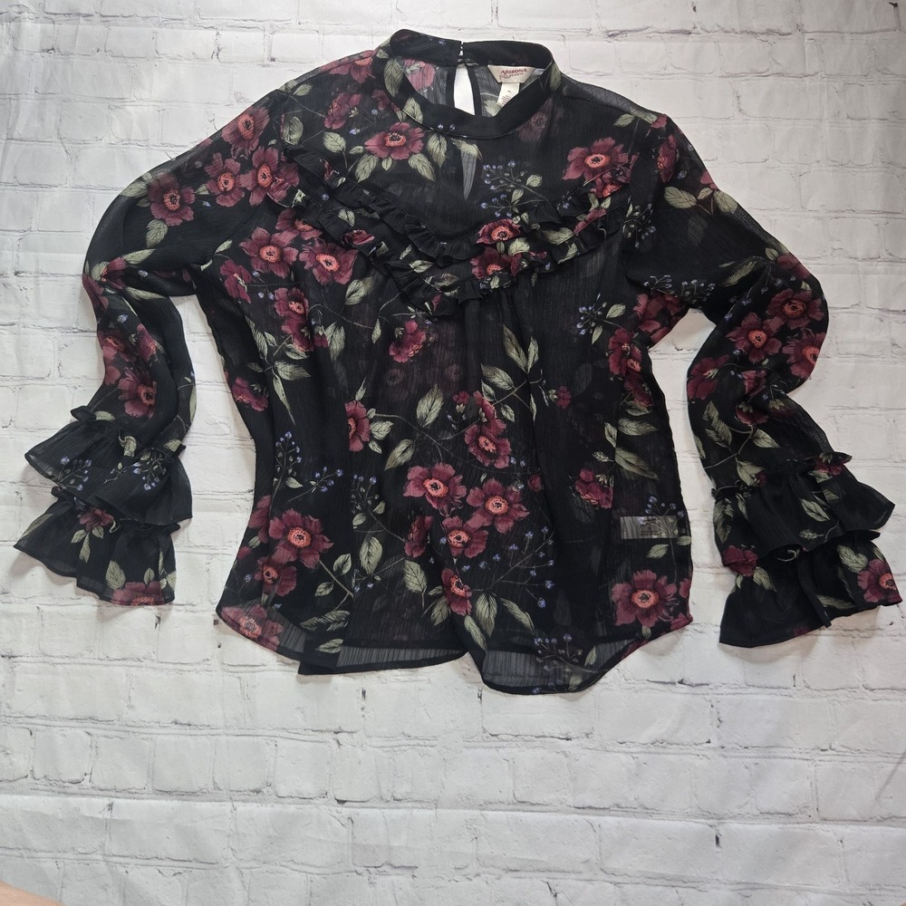 Arizona sheer black moody floral dark romantic high neck dramtic Ruffled Blouse